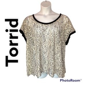 Torrid women white black floral lace top see thru fringe hemline size 4X